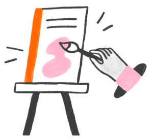 A book cover on an easel, being painted with a brush
